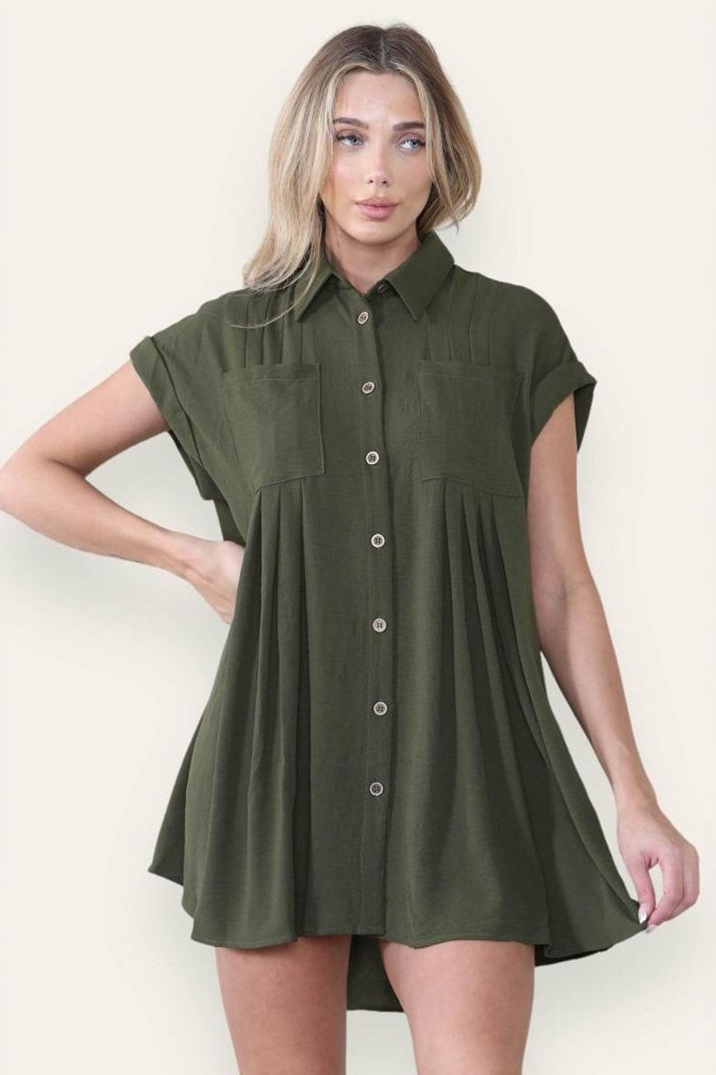 KatchMe Women's Solid Color Plicated Short Sleeve Button Through Shirtdress, Summer Collared Loose Holiday Dresses for Lady, Comfort Womenswear - Katch Me
