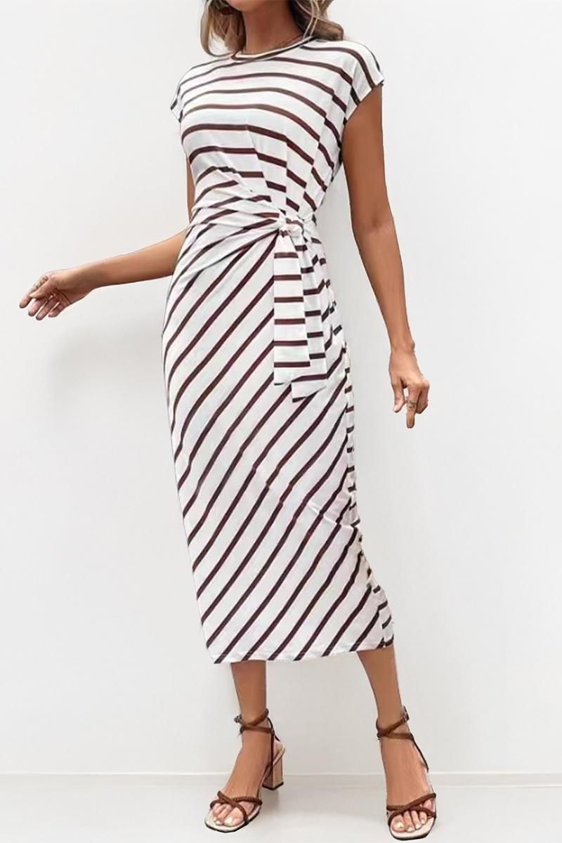 KatchMe Women's Chic Color Matching Striped Cap Sleeve Knotted Slinky Maxi Dress, Versatile Summer Soft Holiday Dresses, Casual Minimalist Womenswear - Katch Me