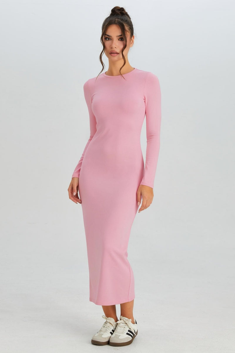 KatchMe Women's Elegant Solid Color Round Neck Long Sleeve Slinky Maxi Dress, Comfort Women's Clothing for Spring & Fall, Chic Summer Casual Wear - Katch Me