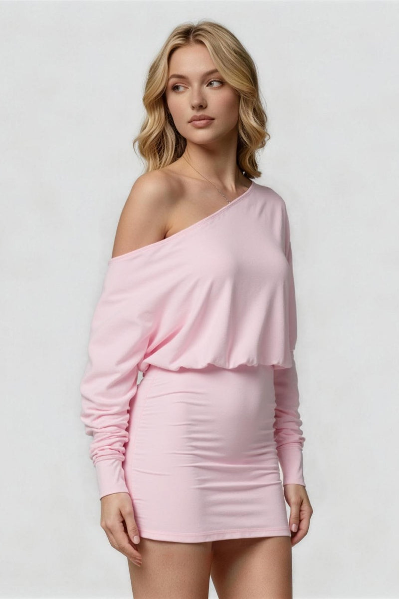 KatchMe Women's Elegant Sloping Shoulder Solid Color Bodycon Dress, Minimalist One Shoulder Long Sleeve Dress with Thumb Hole, Street Womenswear - Katch Me