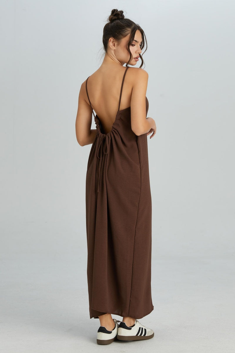 KatchMe Women's Breezy Solid Color Thin Strap Ruched Low Back Loose Maxi Dress, Elegant Adjustable Tie Backless Dress, Summer Sleeveless Women's Clothing for Beach - Katch Me