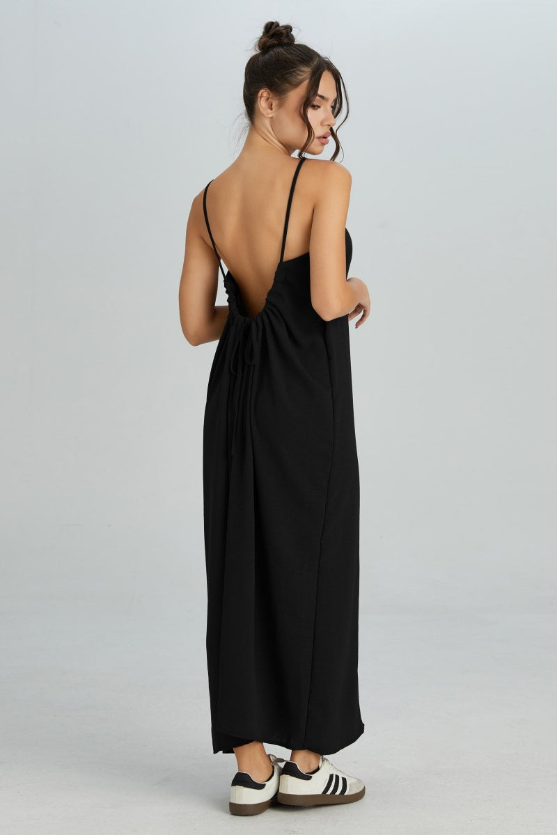 KatchMe Women's Breezy Solid Color Thin Strap Ruched Low Back Loose Maxi Dress, Elegant Adjustable Tie Backless Dress, Summer Sleeveless Women's Clothing for Beach - Katch Me