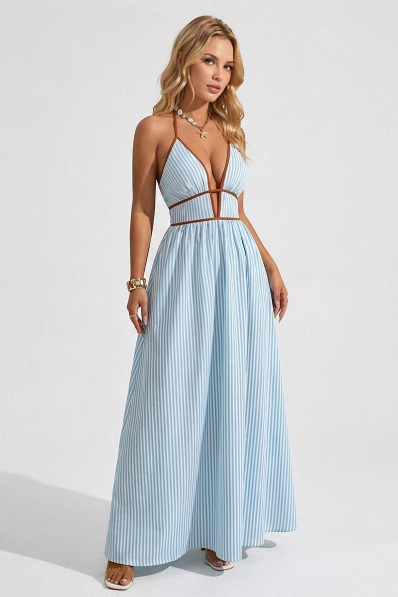 Katch Me Chic Women's Elegant Pinstripe Deep V Neckline Adjustable Halter Maxi Dress,  Summer Lightweight Dresses for Beach Holiday, Comfort Women's Clothing - Katch Me