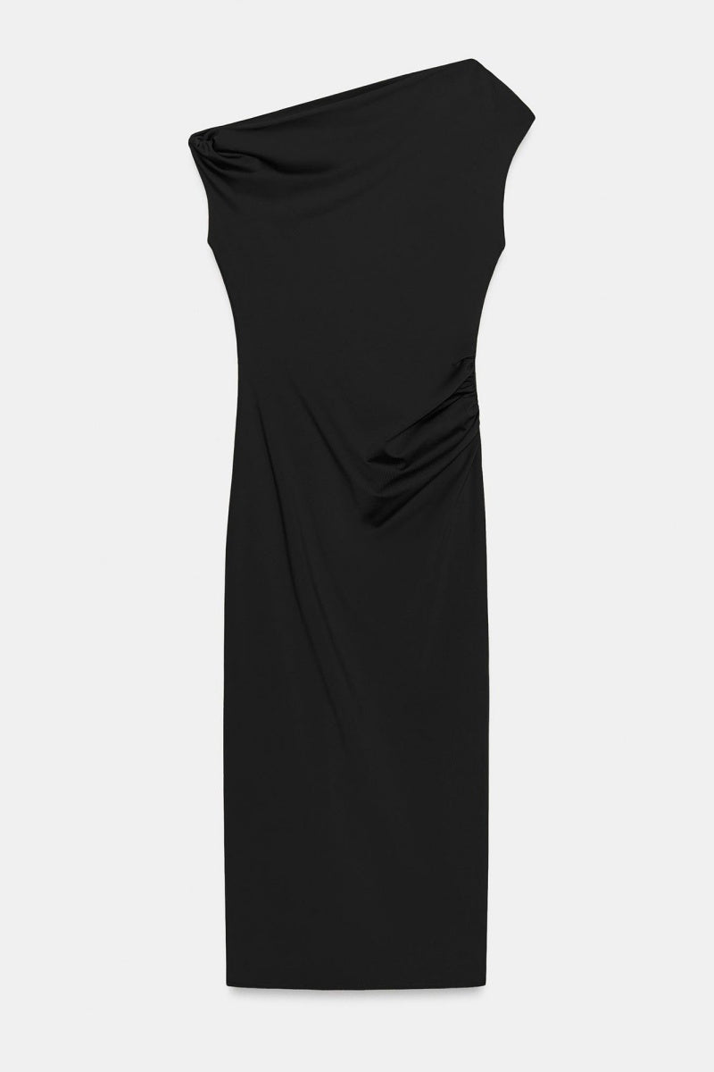 Katch Me Chic Women's Elegant Solid Color One Shoulder Draped Midi Dress, Sleek Soft Anti-Pilling Asymmetrical Neck Flattering Dress, Summer Ruched Skin-Friendly Dresses - Katch Me