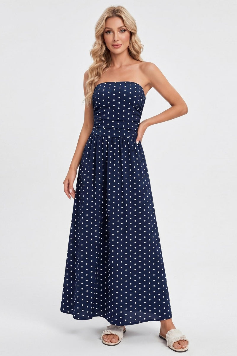 Katch Me Chic Women's Elegant Polka Dot Cinched Waist Maxi Tube Dress, Summer Breathable Flattering Pleated Dress for Beach Holiday, Skin-Friendly Backless Daily Outfit - Katch Me