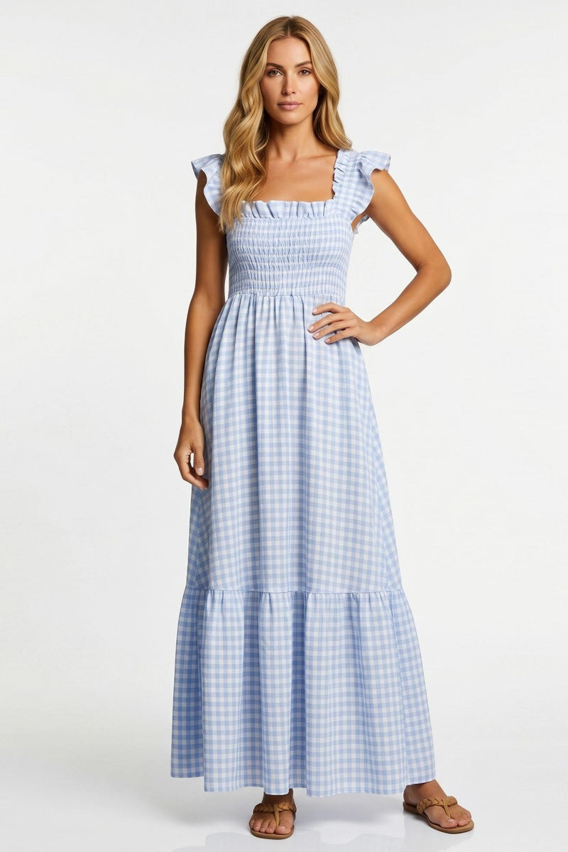 Katch Me Chic Women's Vibrant Square Neck Flounce Plaid Skin-Friendly Maxi Dress, Summer Flexible Breathable Ruched Holiday Dresses, Lightweight Quick-Drying Daily Outfit - Katch Me