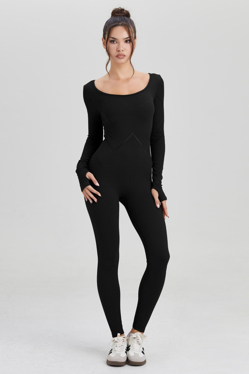 KatchMe Women's Workout Solid Color Perforated Lines Low Back Shaping Jumpsuit, Minimalist Thumb Holes Sport & Outdoor Clothing, Lifting Design Stretchy Shapewear - Katch Me