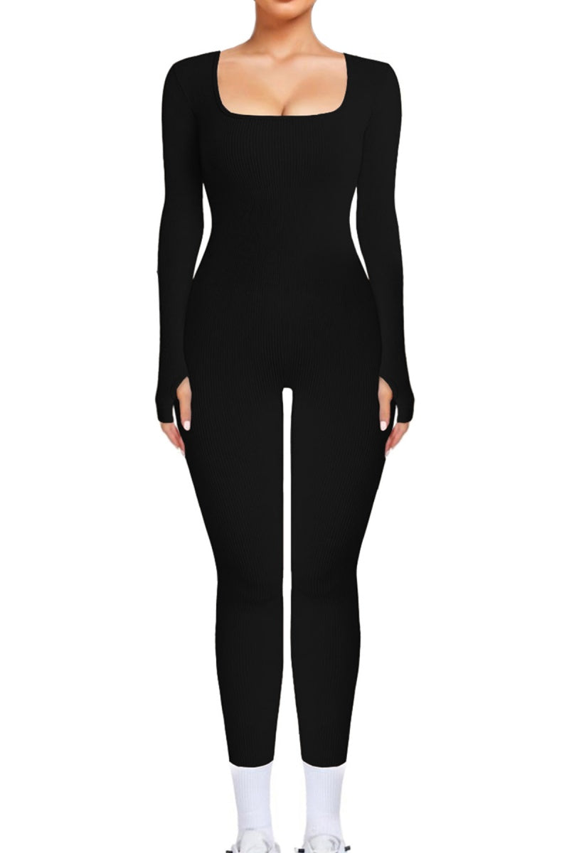 KatchMe Workout Solid Color U Neck Seamless Long Sleeve Yoga Jumpsuit, Jumpsuit for Daily Outdoor Wear, Athletic Plain Thumb Holes Sportswear - Katch Me