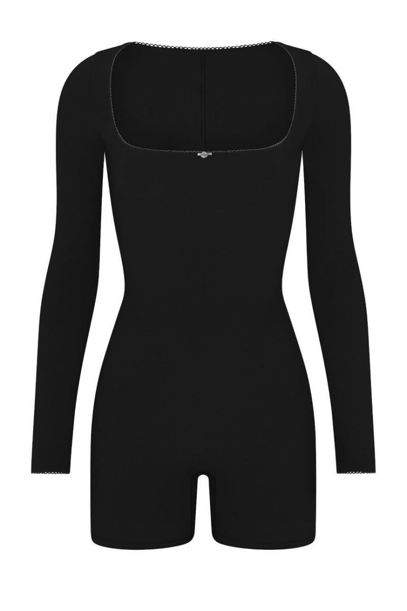 KatchMe Women's Workout Solid Color Lace Square Neck Long Sleeve Seamless Playsuit, Athletic Lightweight Stretch Shapewear, Breathable Womenswear - Katch Me