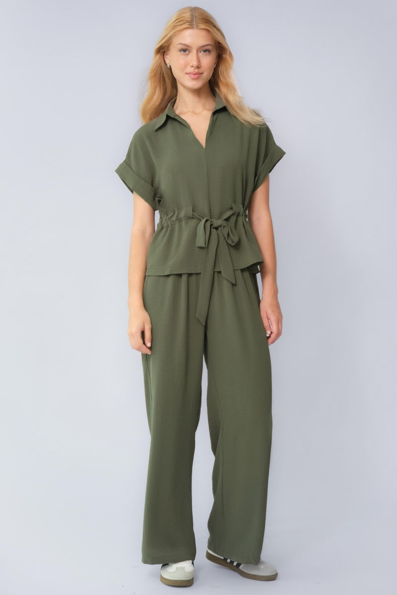 Versatile Collared Rolled-Up Short Sleeve Top & Wide Leg Trousers Co-ord - Katch Me