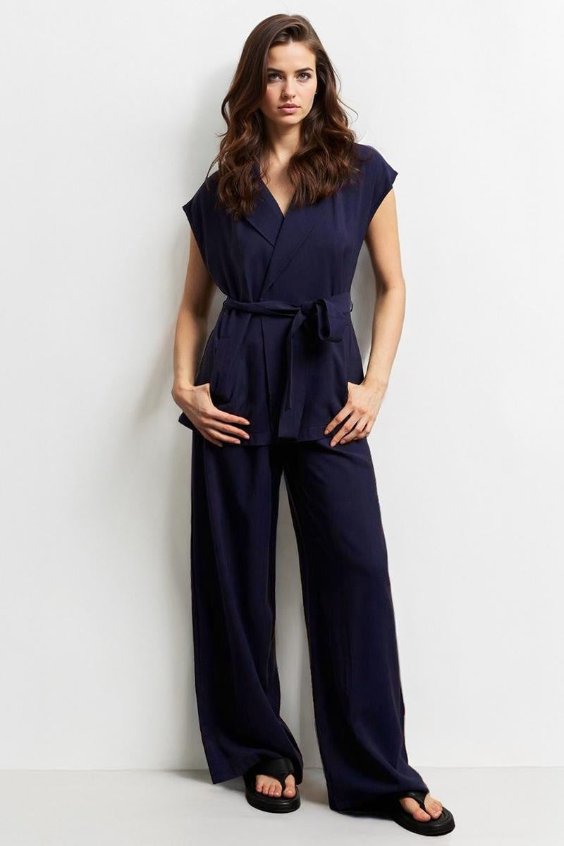Notch Lapel Cap Sleeve Waist Tie Blazer Top & Wide Leg Trousers Co-ord - Katch Me