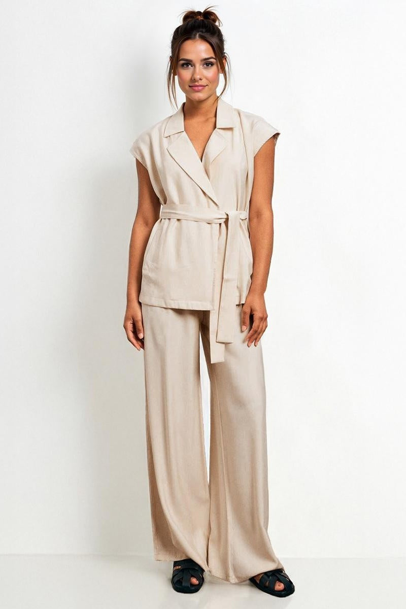 Notch Lapel Cap Sleeve Waist Tie Blazer Top & Wide Leg Trousers Co-ord - Katch Me
