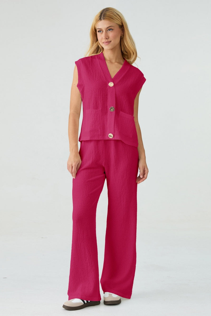 Versatile V Neck Gold-Toned Button Decor Loose Tank Top & Wide Leg Trousers Co-ord - Katch Me