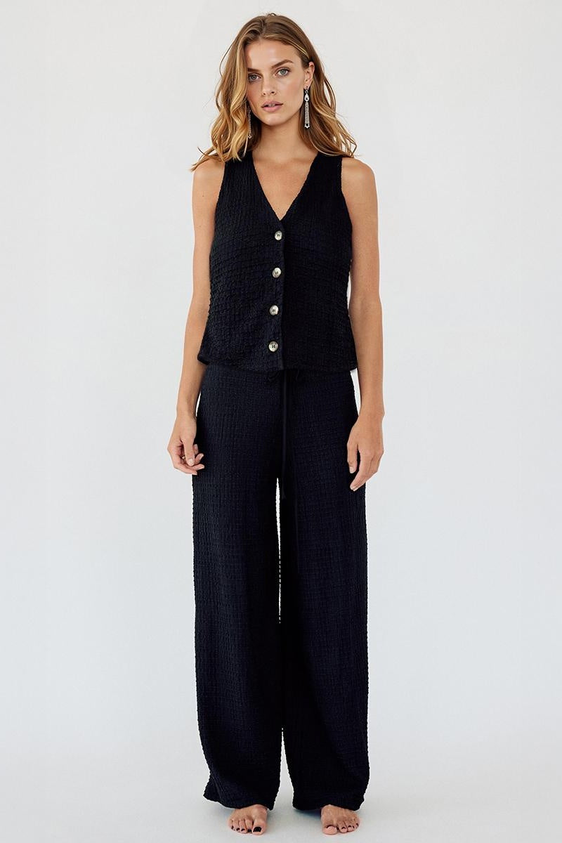 KatchMe Women's Casual V-Neck Button Tank Top & Low-Rise Wide Leg Trousers Co-ord, Minimalist Two Piece Outfits, Summer Comfortable Womenswear - Katch Me