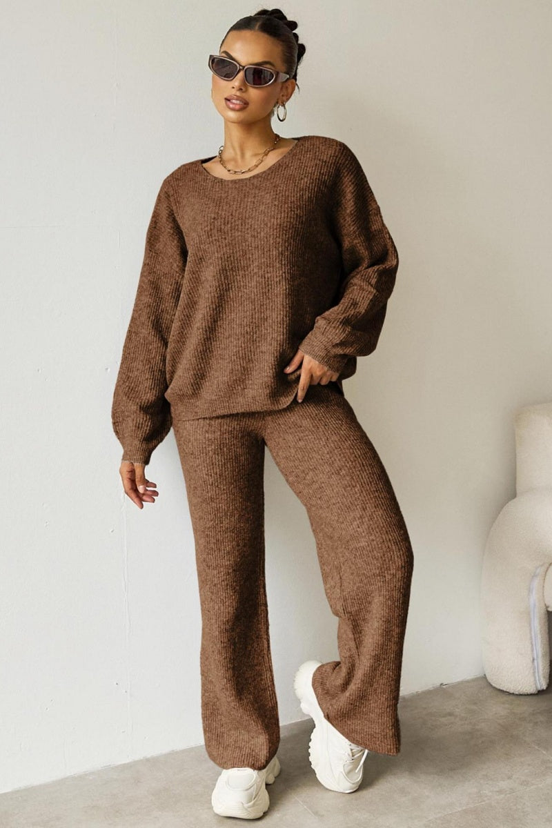 KatchMe Women's Slouchy Solid Color Scoop Neck Long Sleeve Top & Wide Leg Trousers Co-ord, Lady Casual Loose Two-Piece Outfits, Comfy Womenswear - Katch Me