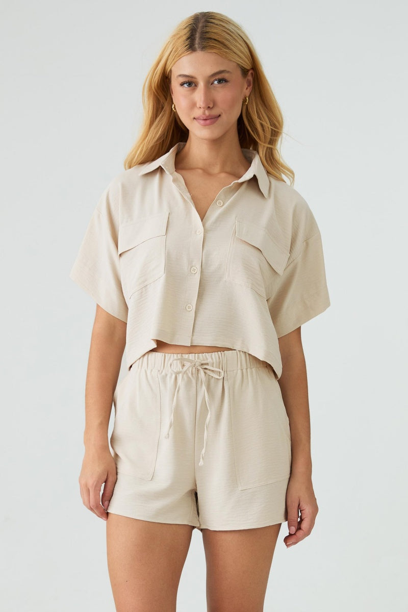KATCH ME Women's Casual Solid Color Collared Flap Pocket Crop Shirt & Drawstring Waist Shorts, Summer Casual Wear, Basic 2 Piece Sets - Katch Me