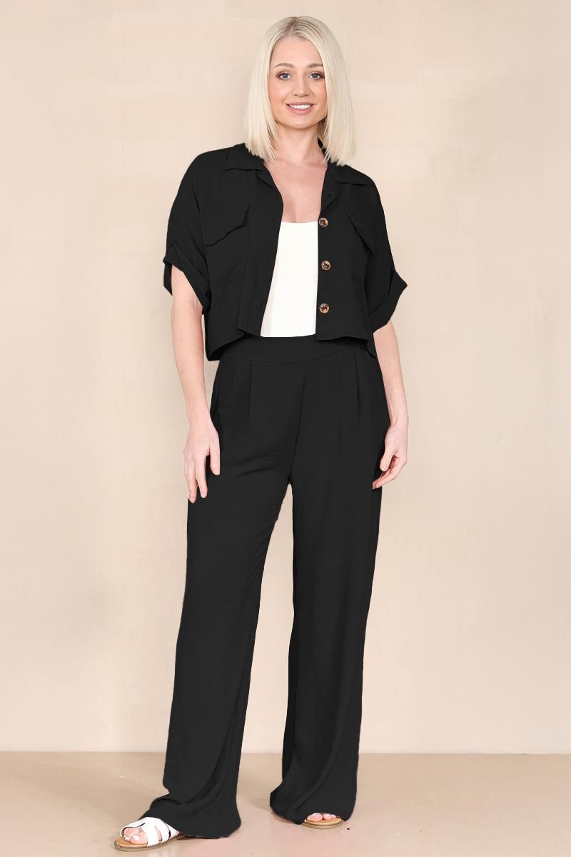 KatchMe Women's Casual Button Front Flap Pocket Blouse & Wide Leg Trousers Co-ord (2), Crop Short Sleeve Shirt & High Waist Pants Two-Piece Set - Katch Me