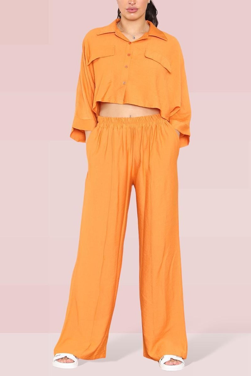 KatchMe Women's Casual Collared Long Sleeve Cropped Shirt & High Waist Wide Leg Trousers Co-ord, Minimalist Two Piece Sets Womenswear - Katch Me