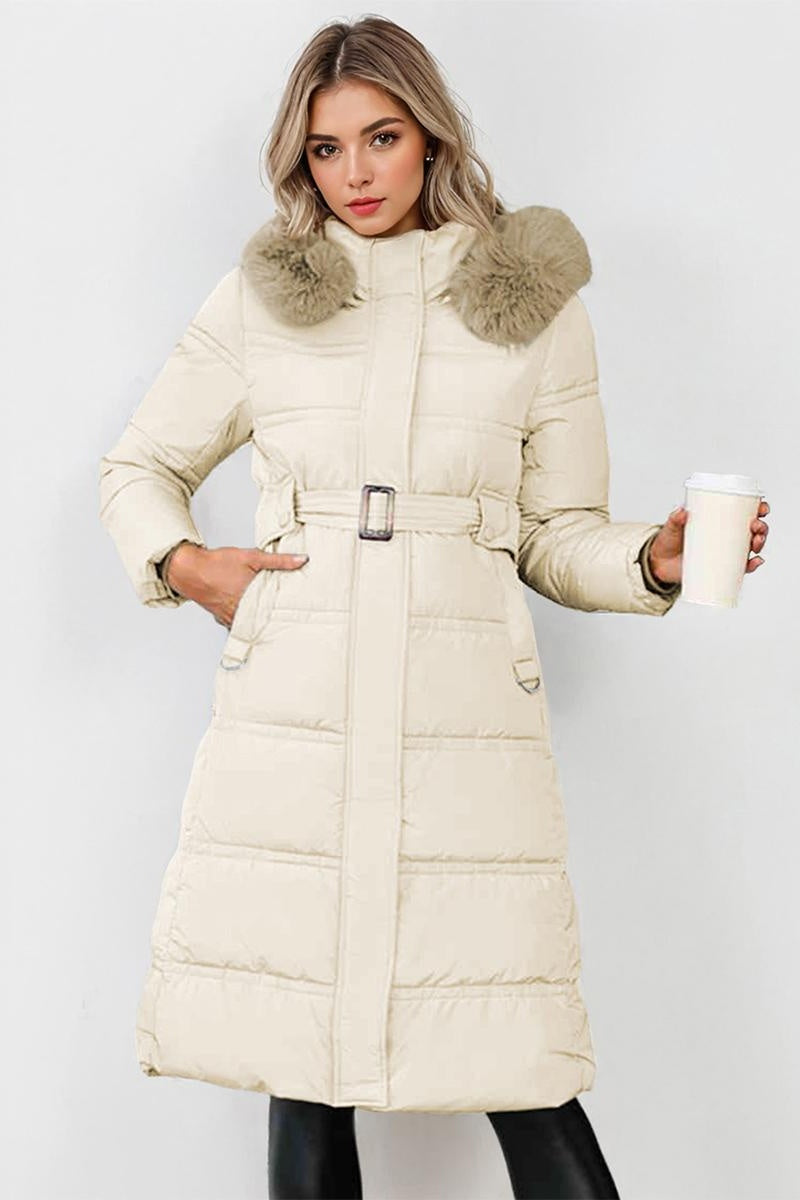 Katch Me Chic Women's Elegant Fuzzy Hooded Waist Tie Long Sleeve Thermal Outerwear, Fall & Winter Comfy Coats Outfit, Cozy Mid-Length Thick Jackets - Katch Me