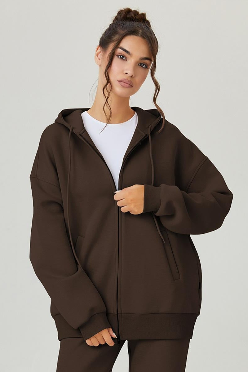 KatchMe Women's Versatile Solid Color Long Sleeve Double Zipper Hoodie Two Piece Outfits, High Waist Mini Skirt with Lined, Drawstring Waist Wide Leg Trousers