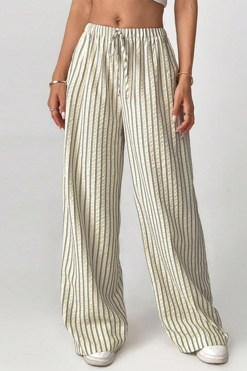 Katch Me Chic Women's Athleisure High Waist Stripe Lightweight Wide Leg Trousers, Drawstring Waist Side Pocket Matching Striped Quick-Drying Bottom for Daily Wear - Katch Me