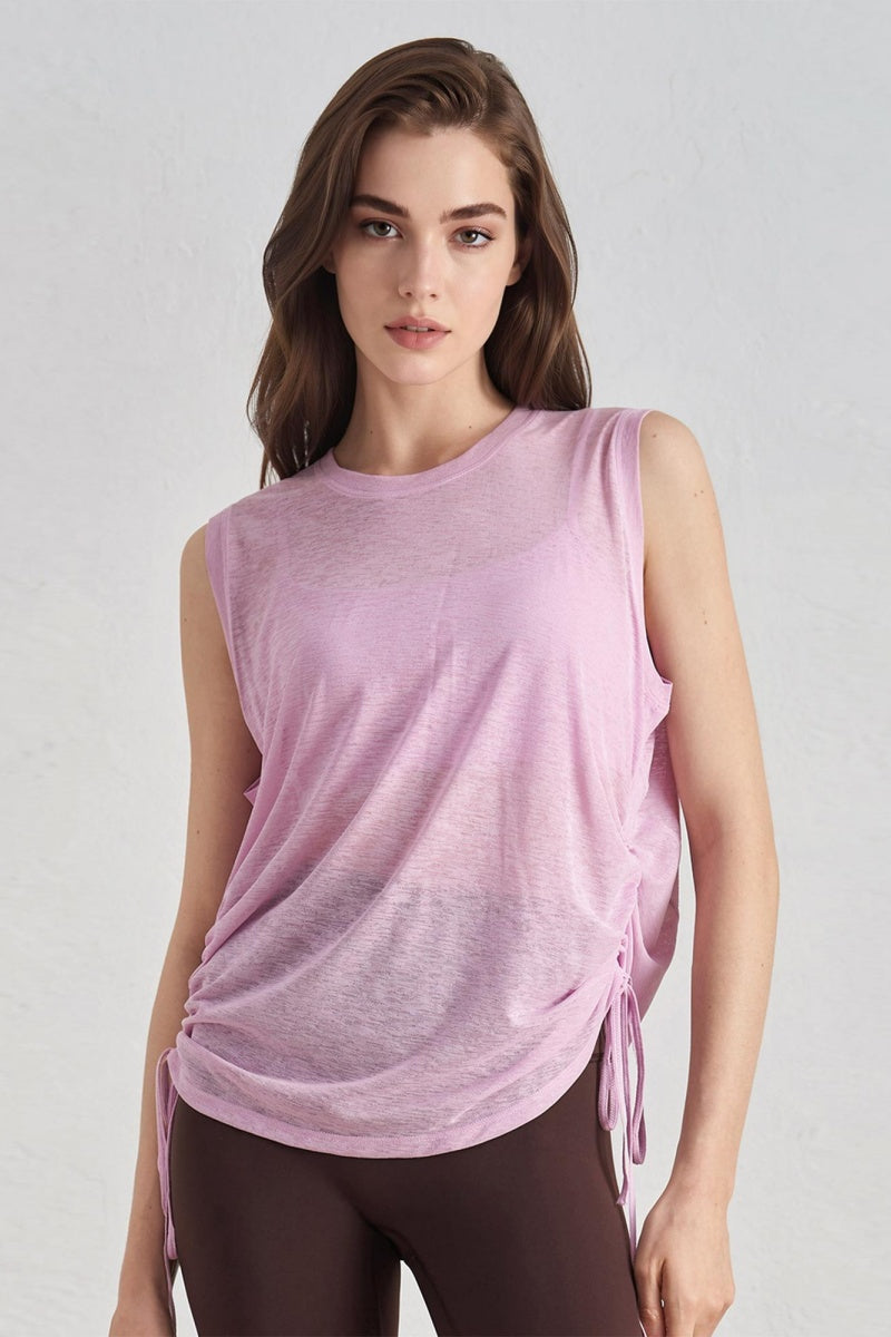 Katch Me Chic Women's Casual Round Neck Side Drawstring Sleeveless Loose Top, Athleisure Sheer Quick-Drying Breathable Cover-Up, Solid Color Lightweight Stretch Yoga Tank Top - Katch Me