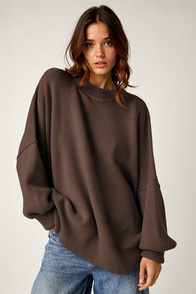 KatchMe Women's Basic Solid Color Crew Neck Long Sleeve Top, Casual Exposed Stitches Side Slit Pullover, Versatile Sweatshirt Top for Fall & Winter - Katch Me