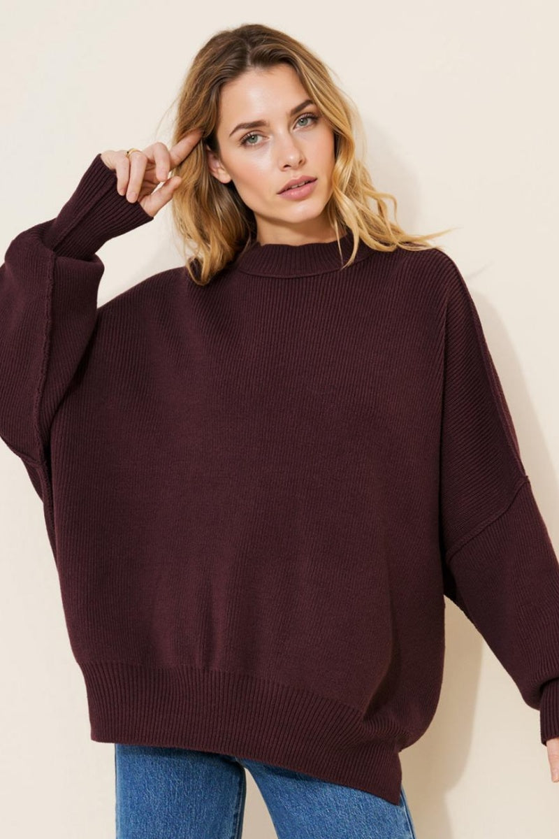 KatchMe Women's Basic Solid Color Crew Neck Long Sleeve Top, Casual Exposed Stitches Side Slit Pullover, Versatile Sweatshirt Top for Fall & Winter - Katch Me