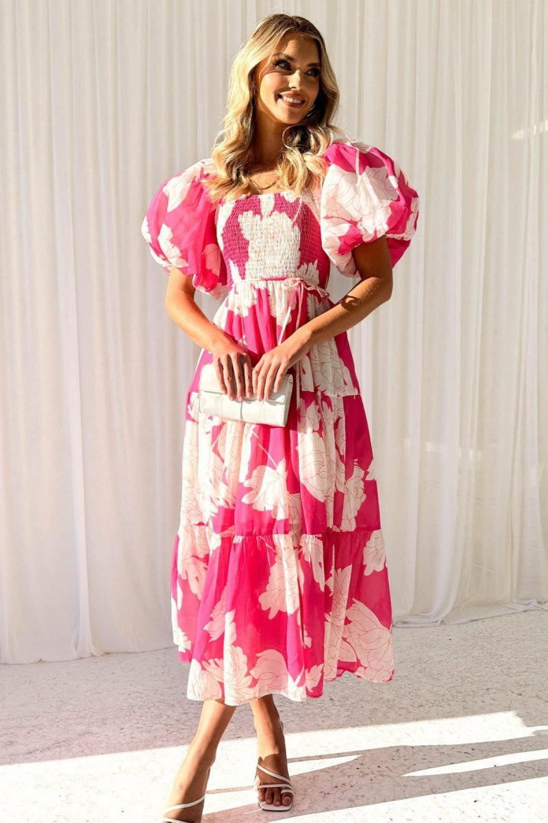 Katch Me Chic Women's Vibrant Floral Print Puff Sleeve Ruched Maxi Dress, Lovely Off The Shoulder Lightweight Dresses for Beach Vacation, Breathable Non-Shrinking Outfits