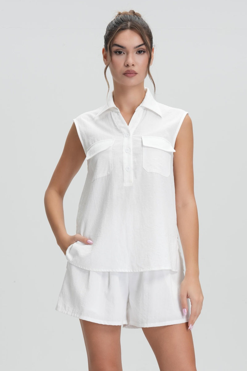 KATCH ME Women's Collared V-Neck Sleeveless Top & Shorts Co-ord