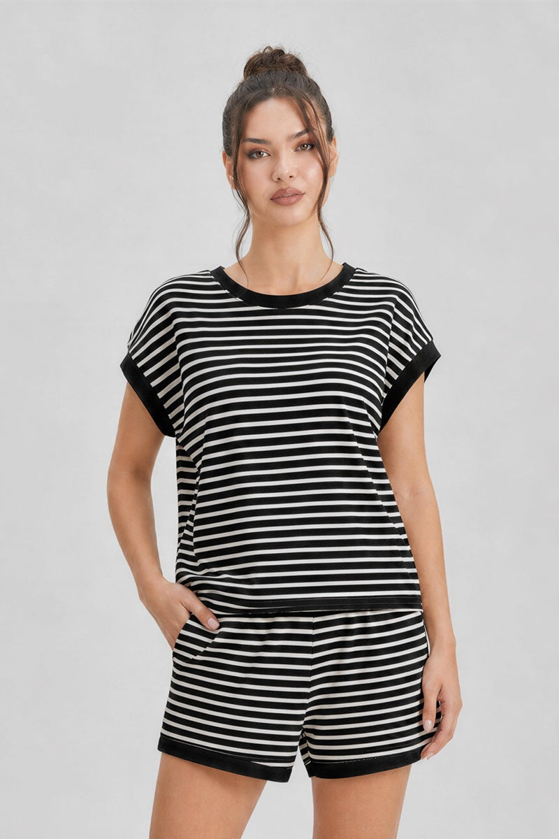 KATCH ME Women's Stripe Short Sleeve Top & Shorts Co-ord Set