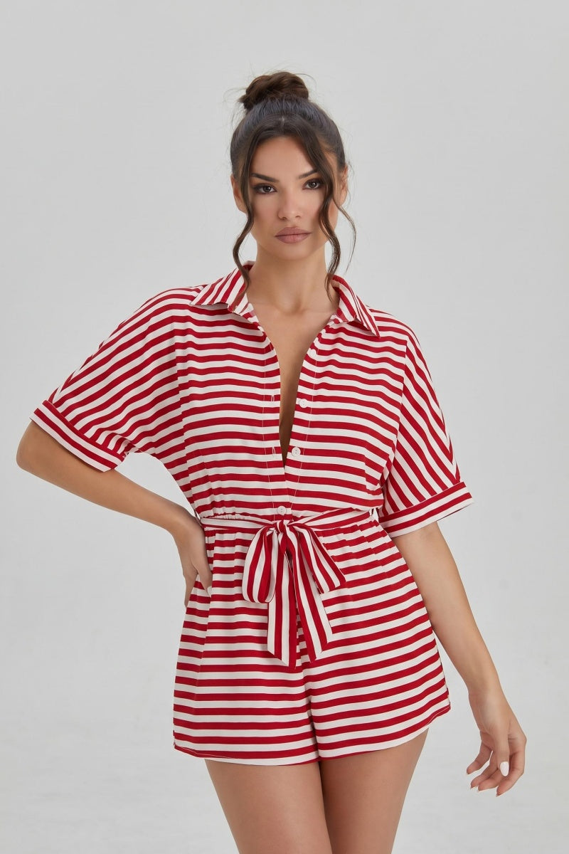 KATCH ME Women's Collared Striped Short Sleeve Jumpsuit