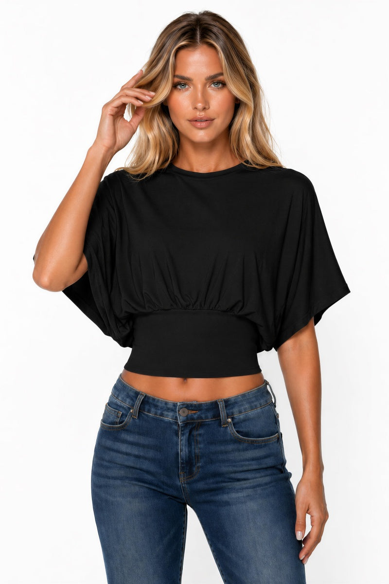 KATCH ME Women's Solid Cinched Waist Batwing Sleeve Crop Top