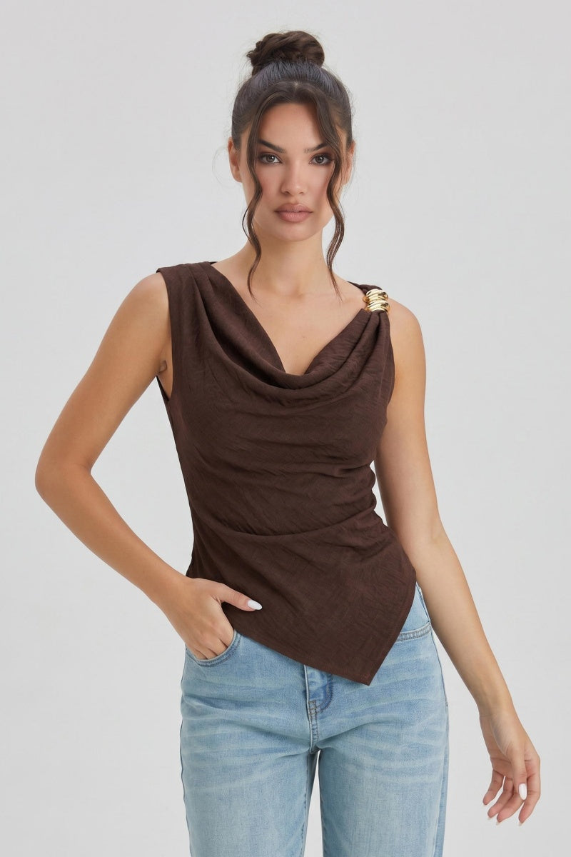 KATCH ME Women's Elegant Cowl Neck Asymmetric Sleeveless Top
