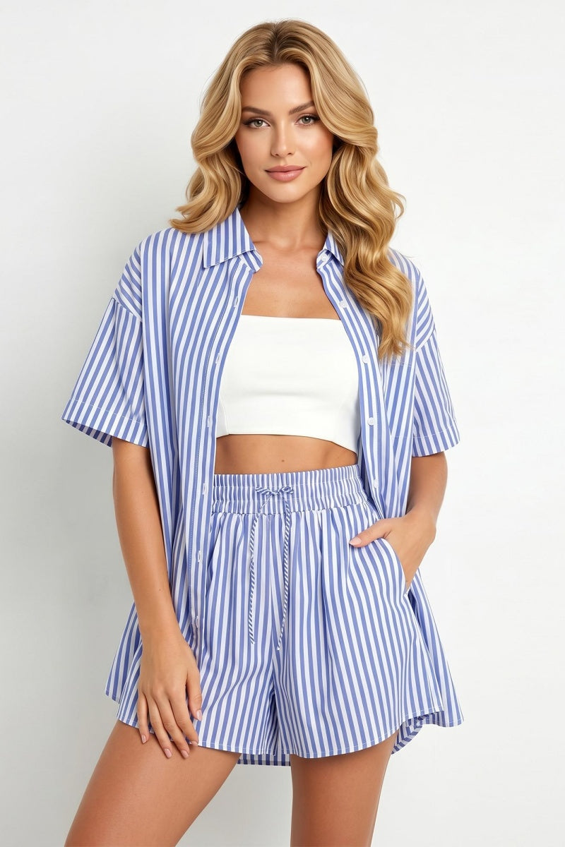 KATCH ME Women's Striped Loungewear Shorts Co-ord Two Piece Set