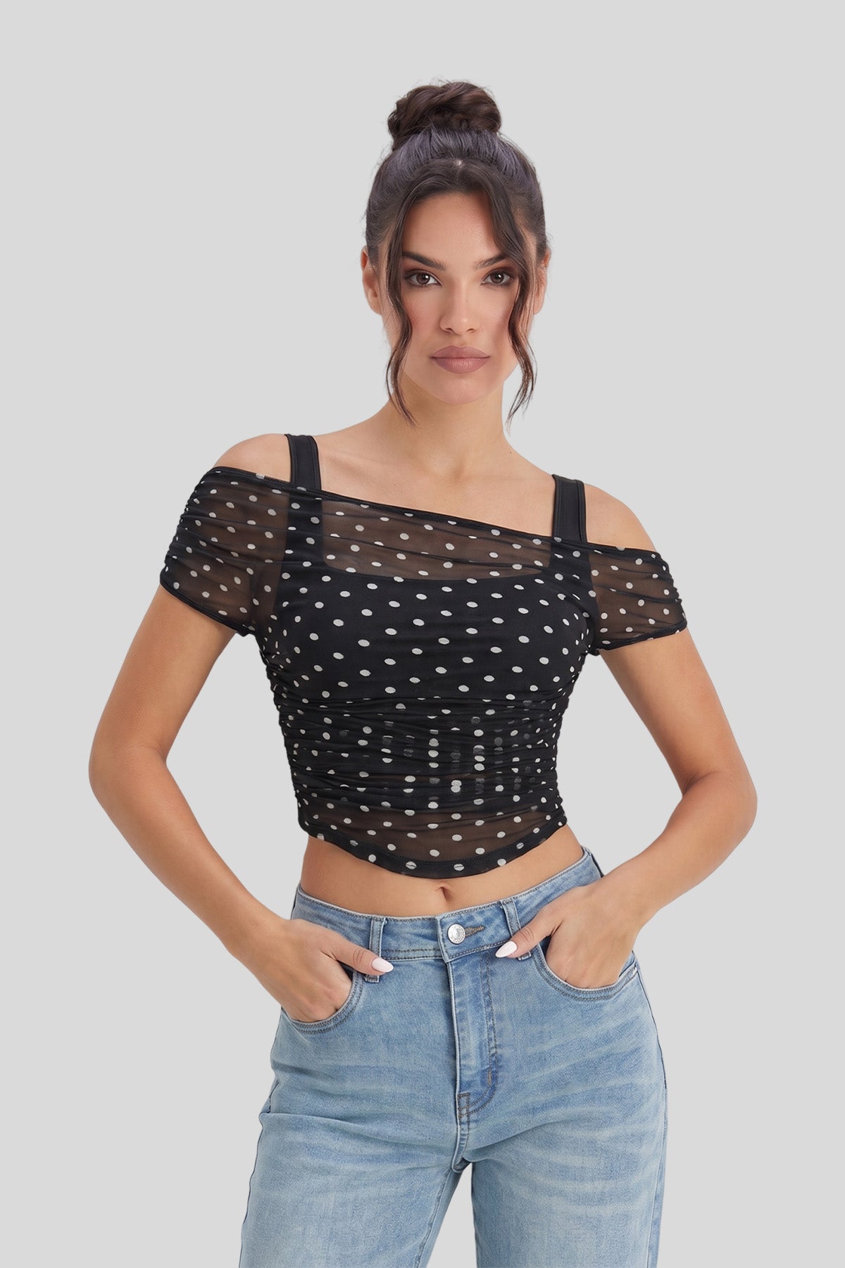 Katch Me Chic Women's Vibrant Polka Dot Sloping Shoulder Shirred Waist Crop Top, Romantic Lightweight Mesh Sheer Flattering Camisole, Summer Skin-Friendly Short Top for Party
