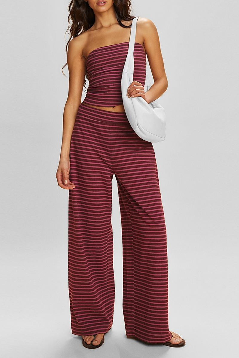 KatchMe Women's Casual Color Matching Stripe Slim Tube Top & Low-Rise Wide Leg Trousers Co-ord, Lightweight Wrinkle-Resistant Spring & Summer Outfits, Skin-Friendly Two Piece Sets