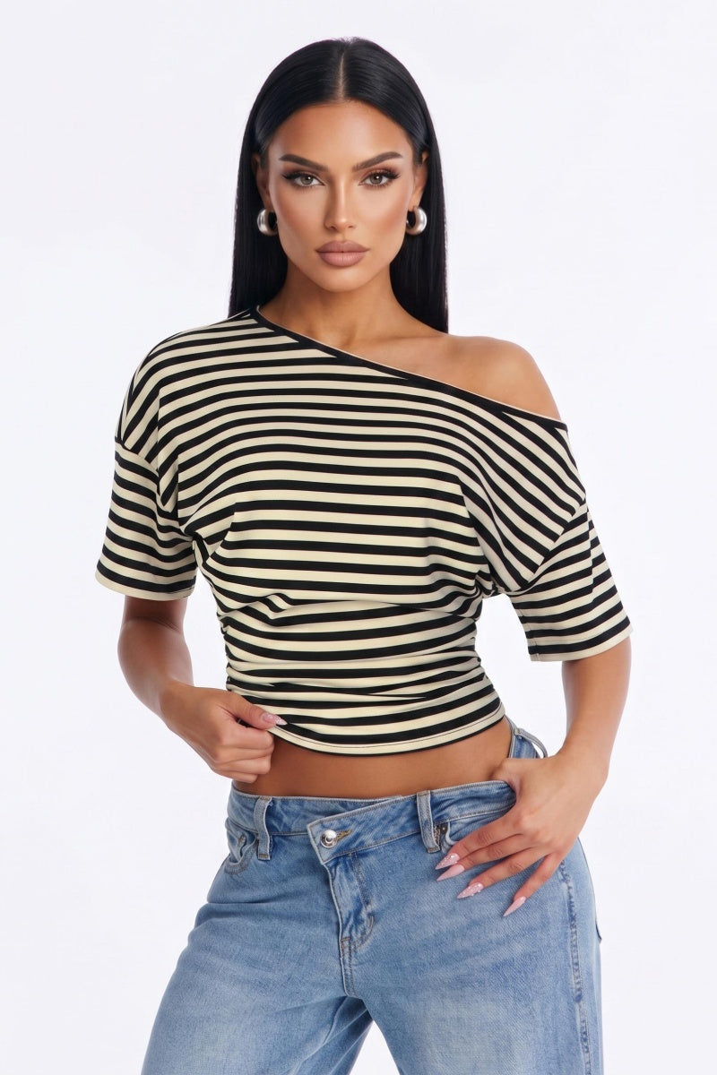 KATCH ME Women's Striped Off-the-Shoulder Shirred Waist Crop Top