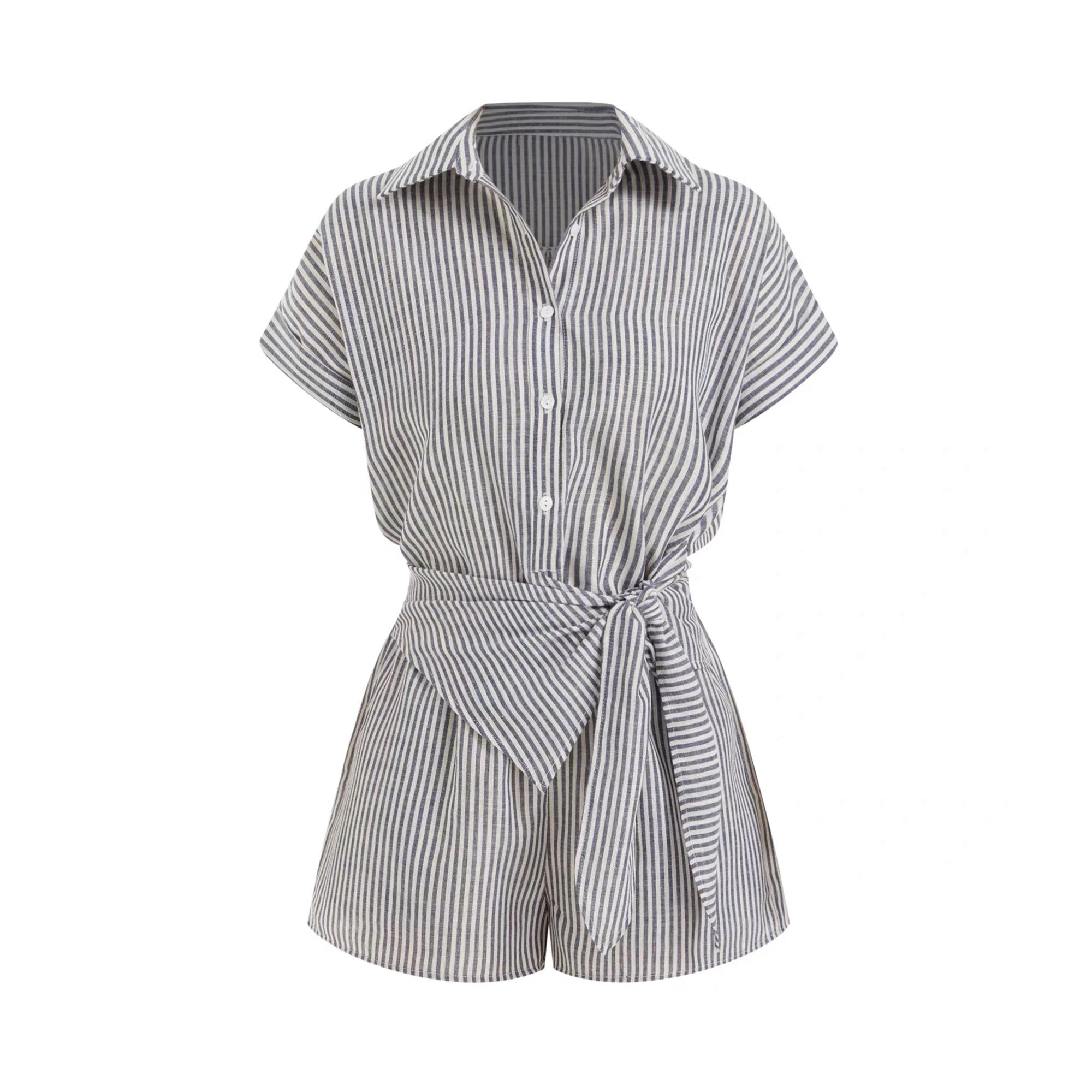 KATCH ME Women's Striped Side-Tie Shirt & Shorts Two-Piece Set