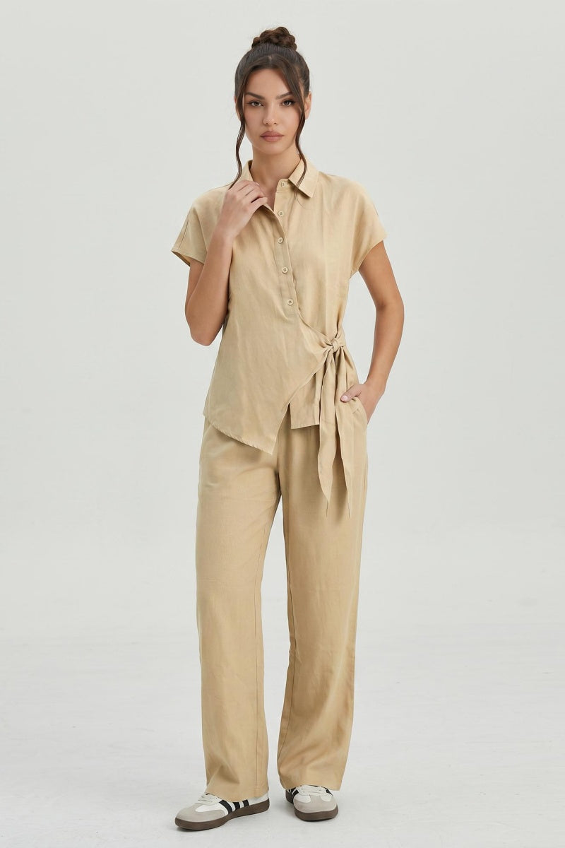 KATCH ME Chic Side-Tie Collared Shirt & Wide Leg Trousers Co-ord Set