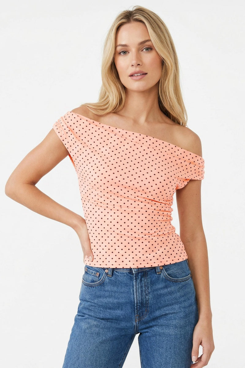 Katch Me Chic Women's Vibrant Polka Dot Off-The-Shoulder Flattering Top, Summer Skin-Friendly Stretch Daily Outfits, Breathable Anti-Pilling Womenswear