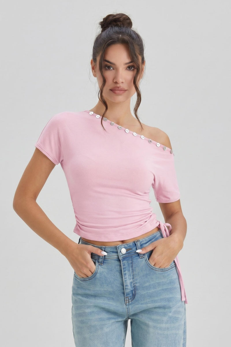 Katch Me Chic Women's Casual Sequin Sloping Shoulder Side Drawstring Flattering Top, Breathable Pill-Resistant Stretch Going Out Outfit, Versatile Short Sleeve Summer Tops