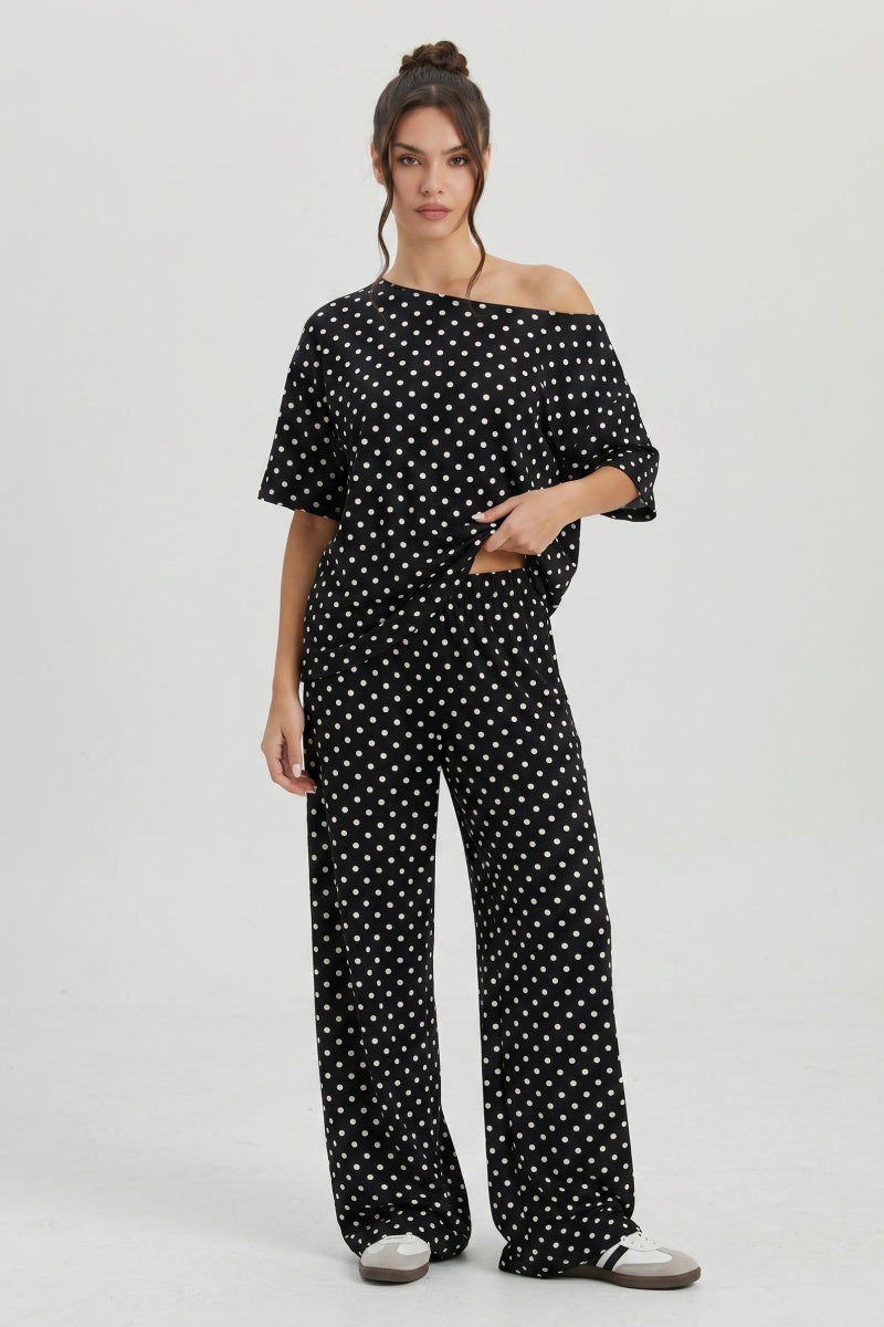 Katch Me Chic Women's Vibrant Polka Dot Sloping Shoulder Top & Wide Leg Trousers Co-ord, Breathable Loose   Short Sleeve   2-Piece Set for Spring & Summer, Stretch Pill-Resistant Soft Daily Outfit
