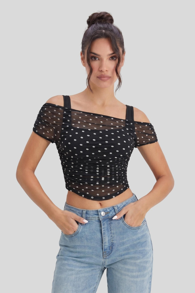 Katch Me Chic Women's Vibrant Polka Dot Sloping Shoulder Shirred Waist Crop Top, Romantic Lightweight Mesh Sheer Flattering Camisole, Summer Skin-Friendly Short Top for Party