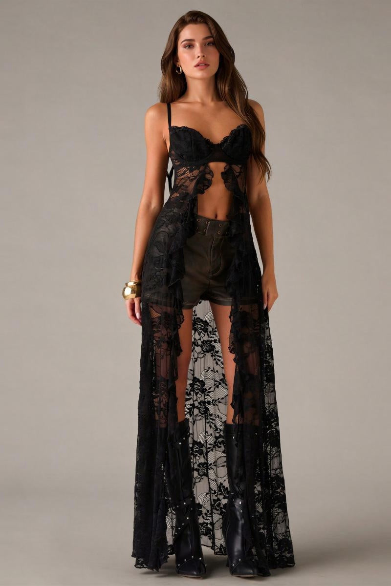 Katch Me Chic Women's Breezy Adjustable Strap Sweetheart Neckline Front‑Split Sheer Lace Maxi Dress, Vibrant Bralette Lace Top