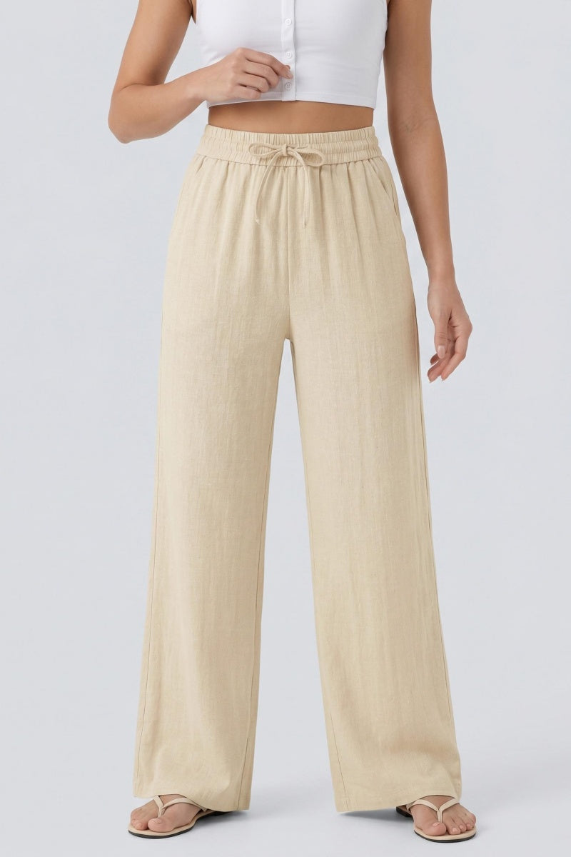 Katch Me Chic Women's Versatile High Waist Linen Wide Leg Trousers, Casual Drawstring Waist Side Pocket Anti-Pilling Bottom, Loose Lightweight Quick-Drying Daily Outfit