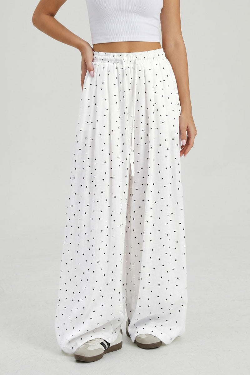 Katch Me Chic Women's Airy High Waist Polka Dot Lightweight Wide Leg Trousers, Summer Cool Touch Drapable Loose Linen Bottoms, Basic Sun-Protective Breathable Going Out Outfit