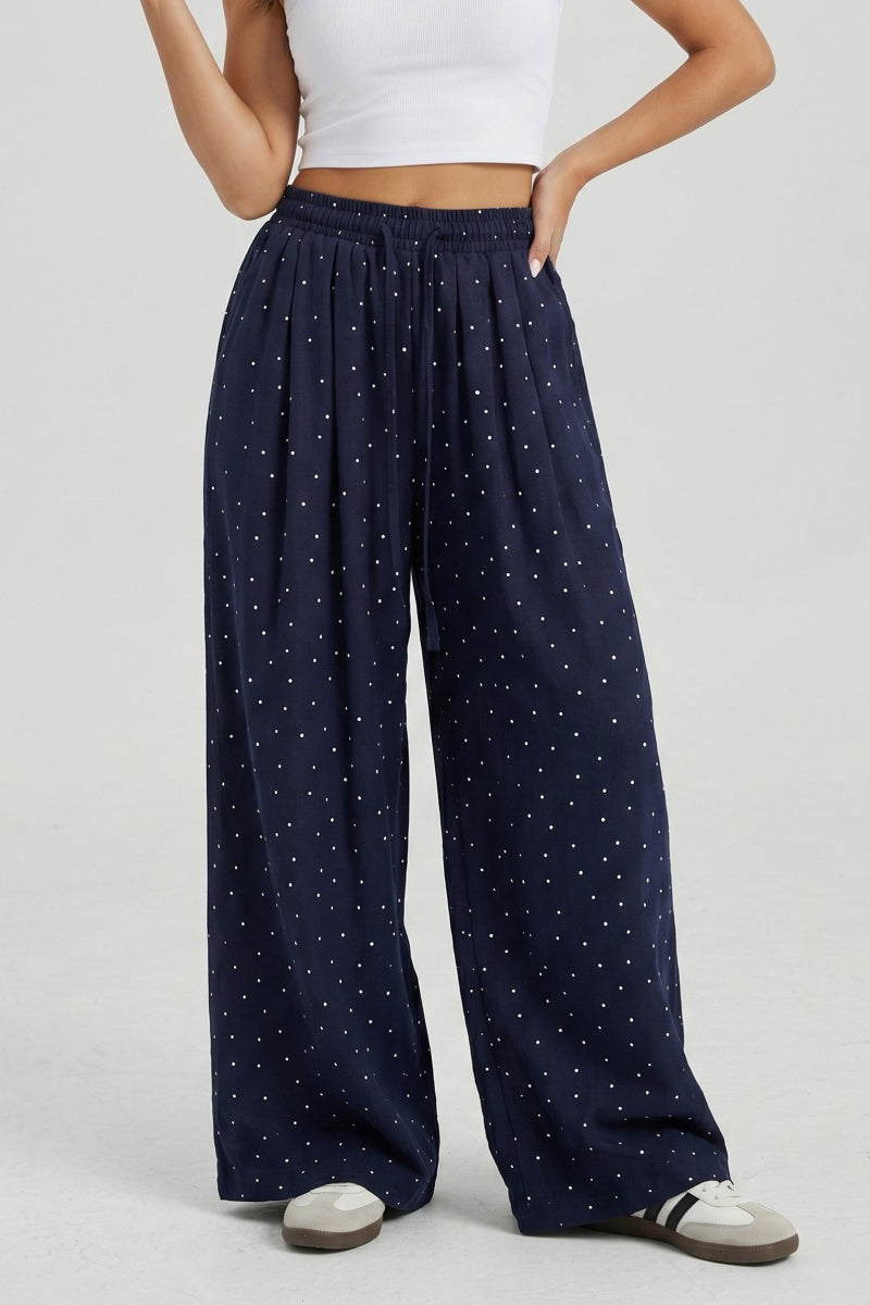 Katch Me Women's Polka Dot Linen Wide Leg Trousers