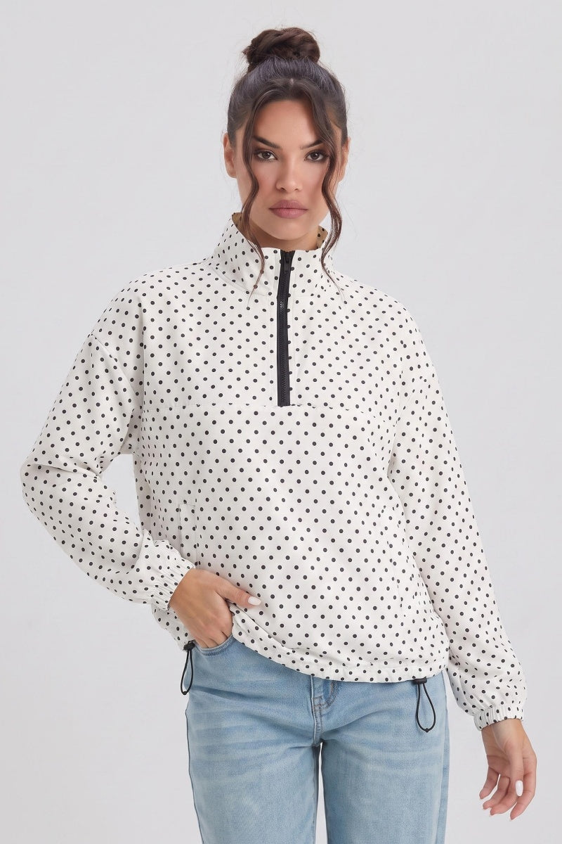 Katch Me Chic Women's Versatile Polka Dot Stand Collar Windproof Outerwear, Partial Zipper UV-Protective Long Sleeve Jacket, Water-Resistant Lightweight Trench Coat for Spring & Fall