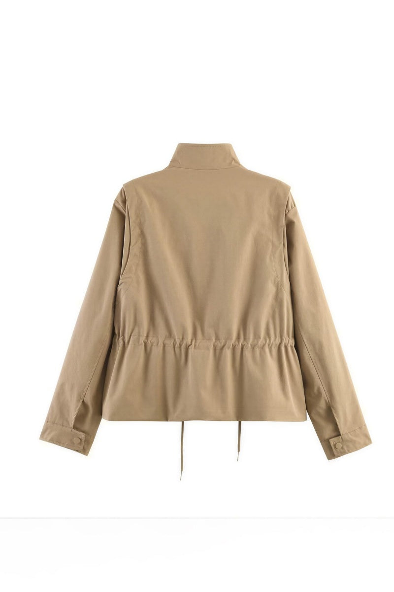Katch Me Chic Women's Elegant Stand Collar Cinched Waist Lightweight Trench Coat, Solid Color Wrinkle-Resistant Long Sleeve Bomber Jacket, Classic Zipper & Button Windproof Outerwear